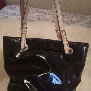 MICHAEL Michael Kors Black Patent Leather Tote with Cream Handles